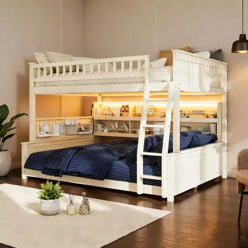 Full Xl Over Queen Low Bunk Bed With Built In Lighted Shelves And Pegboard
