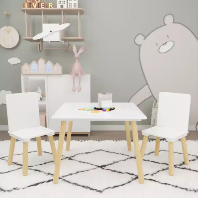 Kids Table and 2 Chairs Set, 3 Pieces Toddler Table and Chair Set, Wooden Activity Play Table Set (White)