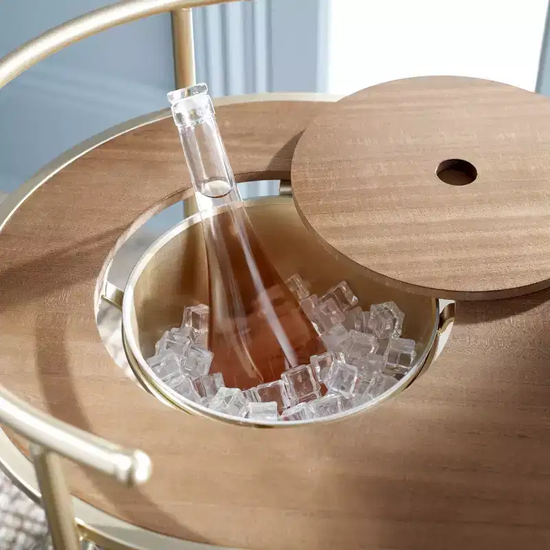 2-Tier Bar Cart with Bucket, Brushed Gold/Natural