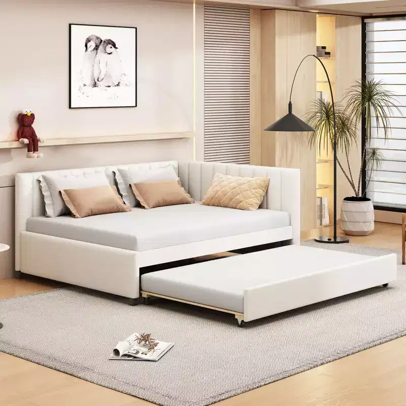 Full Size Upholstered Daybed with Trundle Sofa Bed Frame No Box Spring Needed Linen Fabric(Beige)