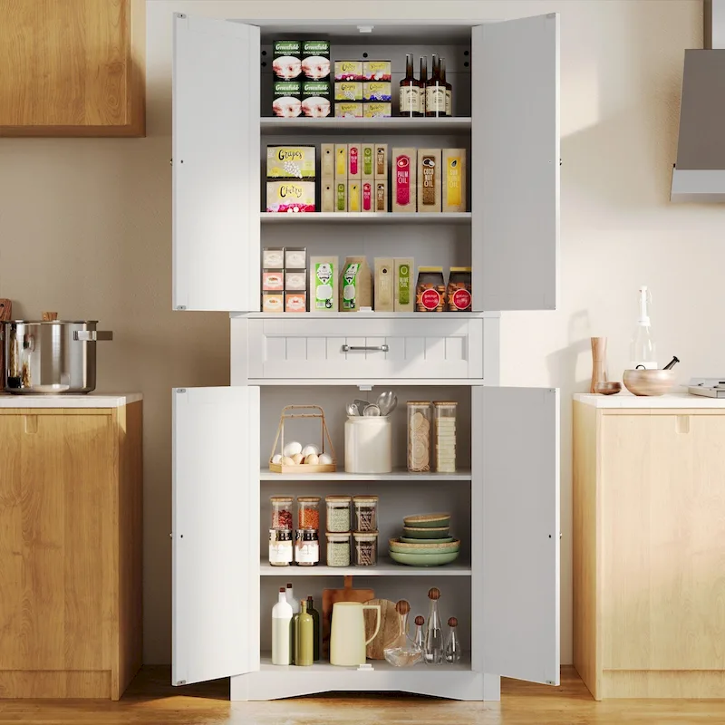 71 Kitchen Pantry Storage Cabinet, Freestanding Pantry Organizers and Storage Cabinet with 4 Doors and 4 Adjustable Shelves
