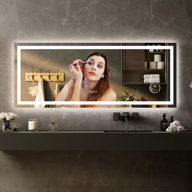 24x32 inch bathroom mirror, dimmable, dual front and rear lights, memory function, anti-fog and shatterproof, can be used horizontally or vertically.