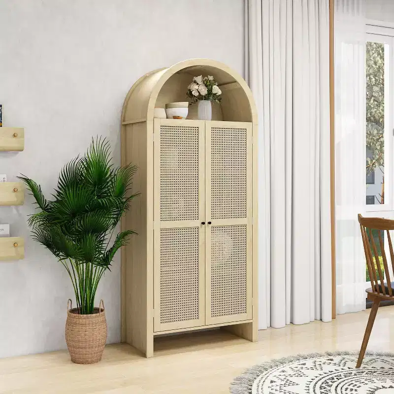 Arched Display Cabinet, Sideboard with 2 Doors and 2 Drawers, Freestanding Cabinet for Living Room, Dining Room, Office, Natural