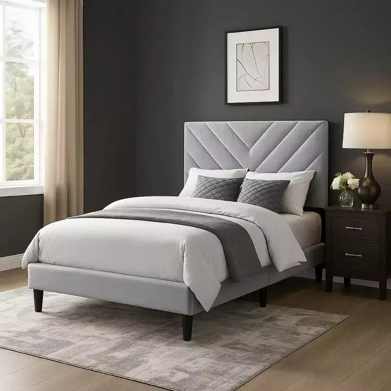 Royal Hampton Full Size Bed, Tufted Gray Velvet Upholstery, Chevron Stitch