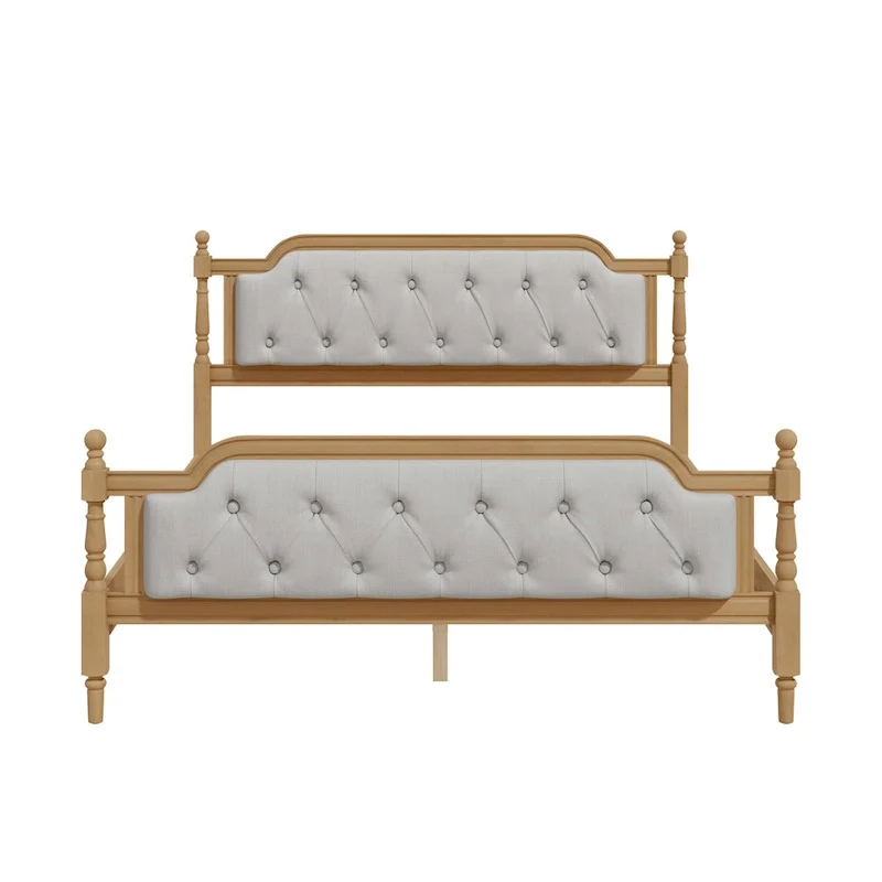 Solid Wood Bed Frame with Upholstered Tufted Headboard – No Box Spring Needed