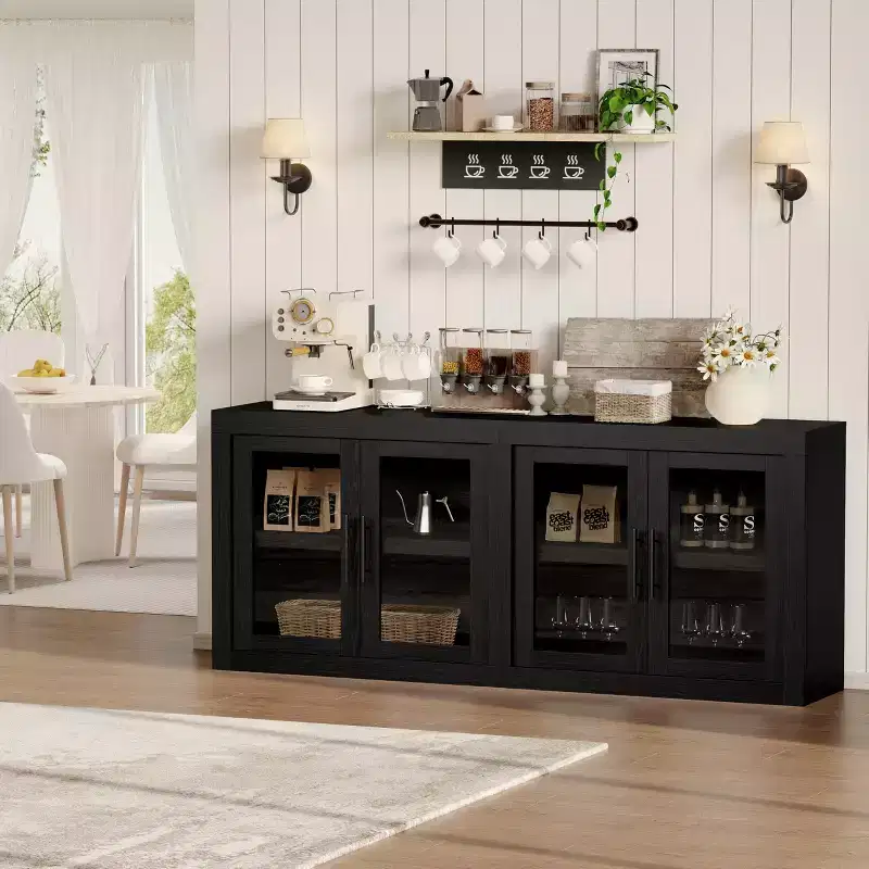 Buffet Sideboard with Storage, Modern Coffee Bar Cabinet with 4 Wood Doors, Kitchen Buffet Table for Dining Room,TV Stand for 50-80 Inch TV