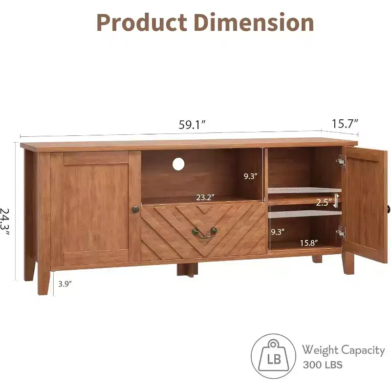 TV Stands for 65 Inch Tv, Entertainment Center with Led Lights,TV Console Table with 2 Storage and 1 Drawer, Retro V-Shaped TV Table for Living Room