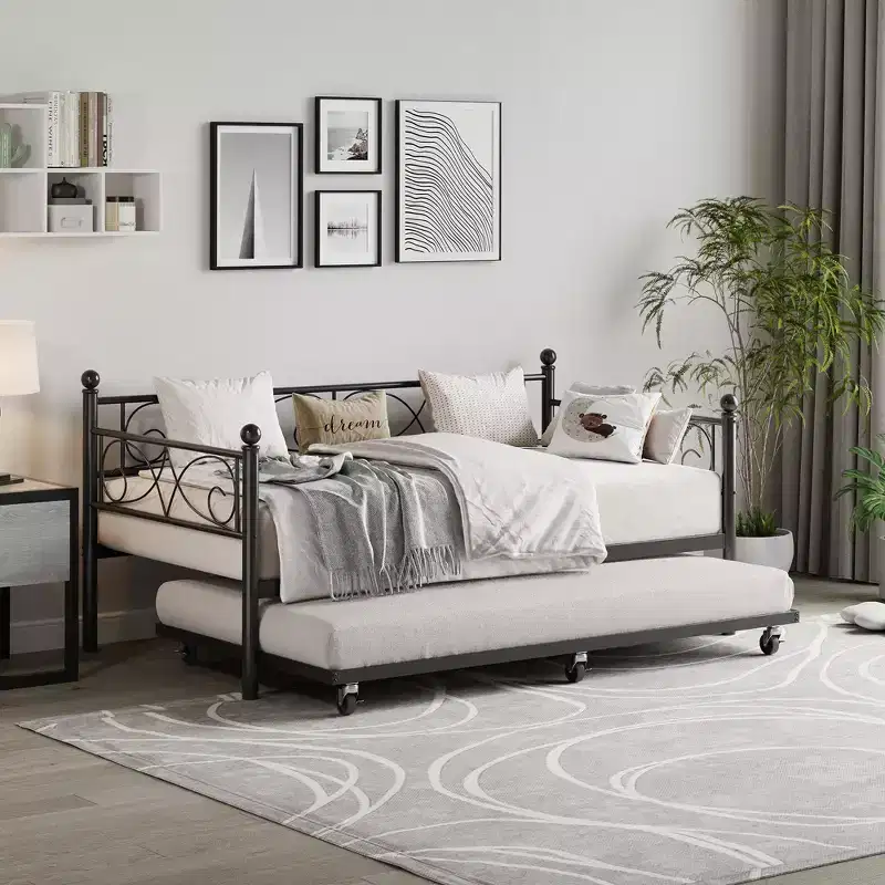 Daybed with Trundle Sofa Bed, Twin Size Metal Day Bed with Floral Headboard, Modern Metal Sofa Bed Frame with Pull-Out Trundle, Heavy Duty Steel Slats
