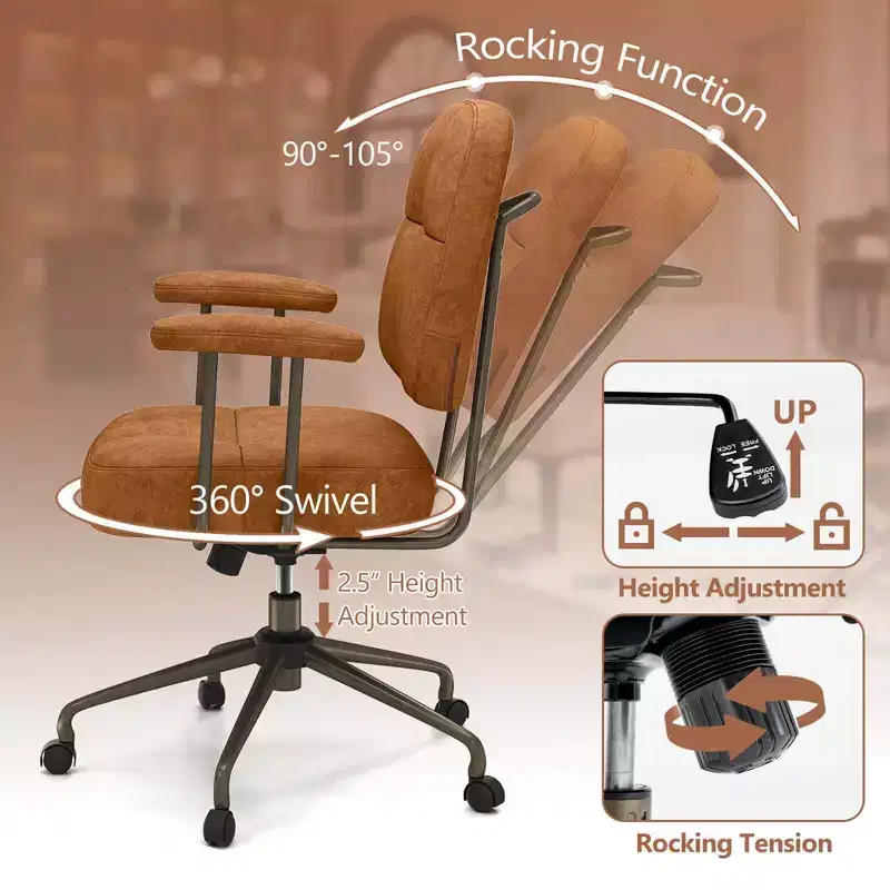 Costway Home Office Chair Leathaire Upholstered Task Chair with Cushioned Back & Armrests Brown/Beige