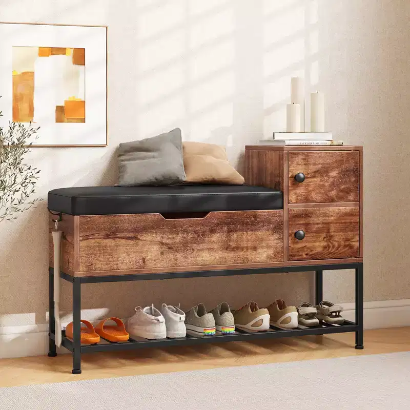 Entryway Shoe Bench with Flip Top Storage, 2 Door Cabinets, Metal Shoe Rack & PVC Seat Cushion