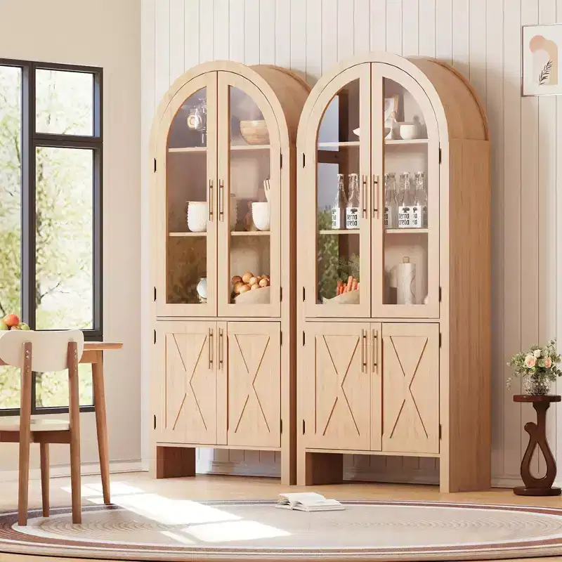 60-inch high arched kitchen cabinet with adjustable shelves and 4 large drawers, a multi-functional kitchen storage cabinet.