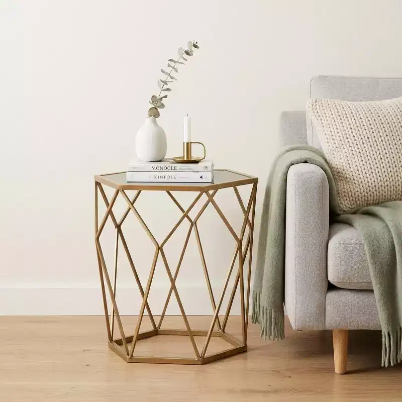 Gold Hexagon Glass Top End Table, 1-Person Use