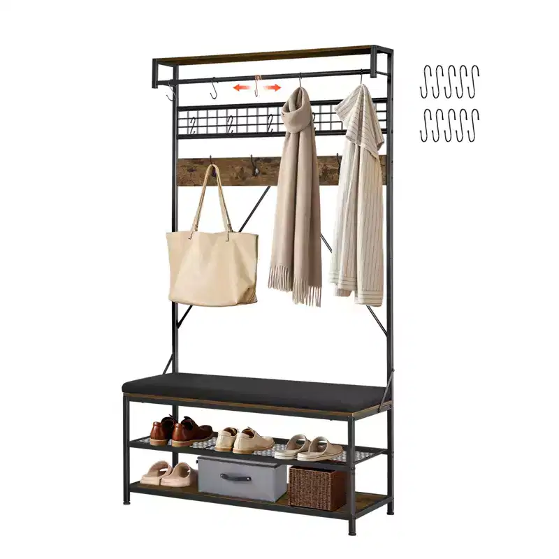 72-Inch Hall Tree Coat Rack with Shoe Bench, 2-Tier Freestanding Shoe Rack, Hooks & Hanging Rod, Brown & Black