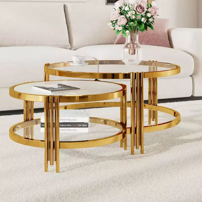 Whisen Modern 2 - Piece Gold Finish with Textured Glass Coffee Table Set, Nesting Coffee Table with Tempered Glass - Transparent & Gold