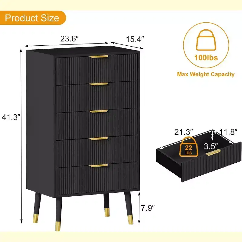 Acekool 5 Drawer Dresser for Bedroom, Modern Chest of Drawers, Wood Storage Cabinet Organizer Nightstand for Closet Living Room, Black