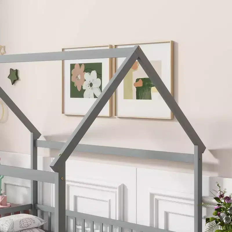 Full House Floor Wooden Bed with Floor Frames, Safety Guardrails Gray