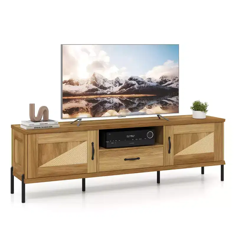 Costway Rattan TV Stand for TVs up to 80 with 2 Storage Cabinets, Open Shelf & Drawer