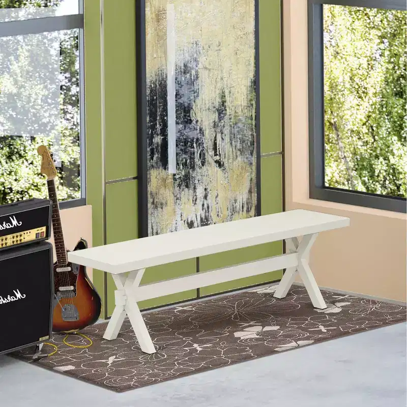 X-Style Modern Dining Room Bench with Wood Seat, 60x15x18 Inch, Pure White