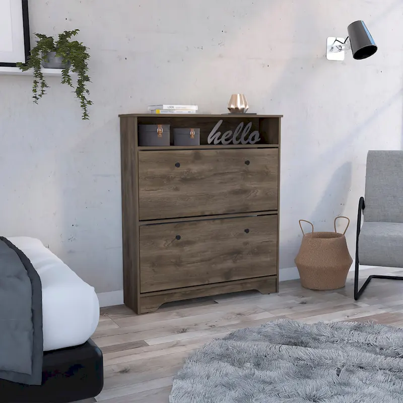 Shoe Rack with Open Shelf and Two Drawers - Dark Brown