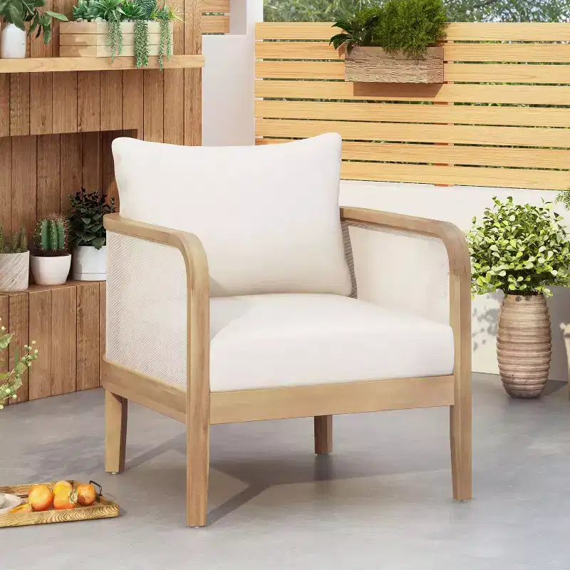 TUYOHW Boho Style Outdoor Accent Chairs Set of 1/2,Upholstered Club Chairs,Patio Acacia Conversation seat for Porch,Garden & Backyard,400lbs Capacity