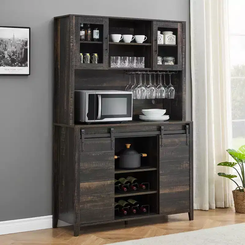 70'' Farmhouse Coffee Bar Cabinet, Liquor Cabinet with Glass Doors & Wine Racks, Kitchen Hutch Buffet Cabinet for Living Room Apartment