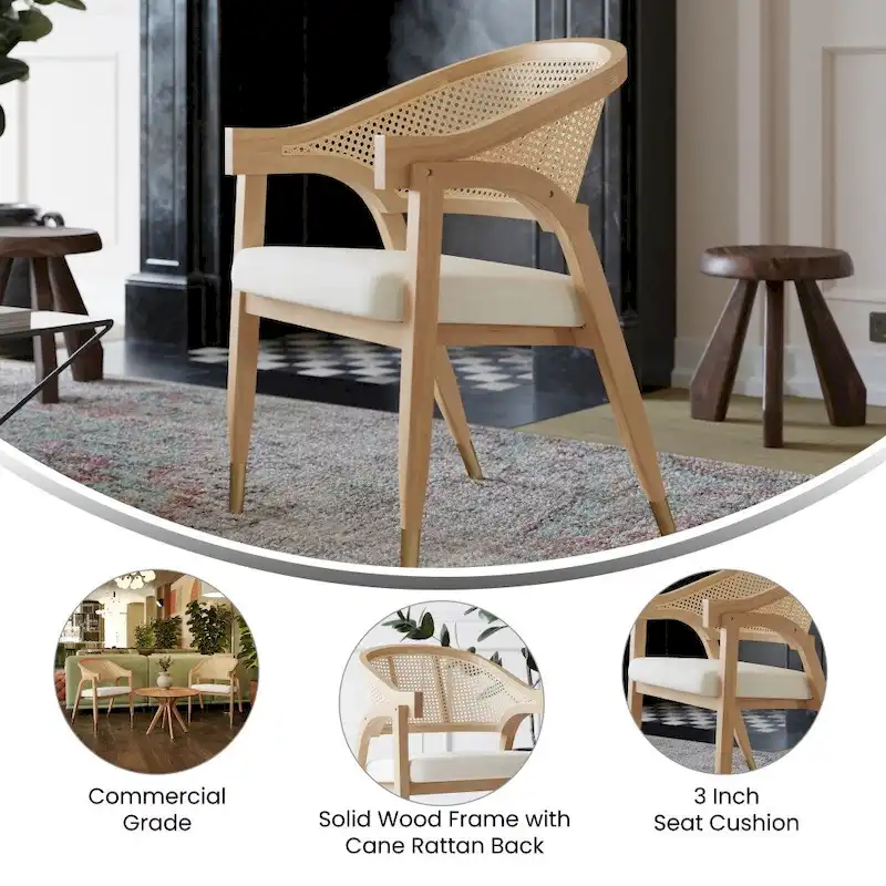 Cane Rattan Woven Back Dining Chair with Upholstered Seat