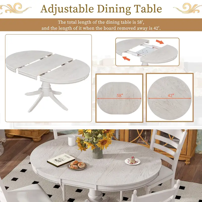 5-Piece Dining Table Set Round Extendable Dining Table and 4 Chairs