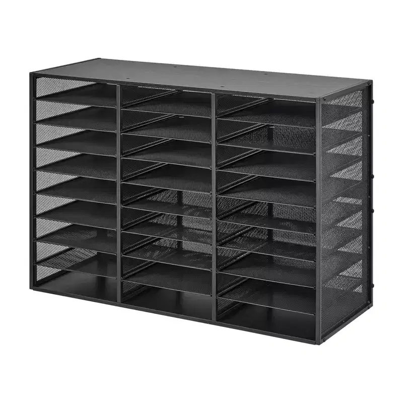 VEVOR Literature Organizer, 27 Compartments Metal Office Mailbox with Detachable Wire Mesh, Mailbox Sorter with Wooden Top, Black