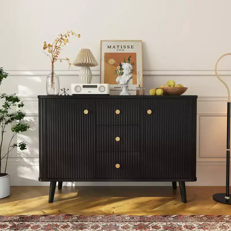 47.2 W Fluted Buffet Storage Cabinet, 3 Drawers 2 Doors & 2 Adjustable Shelves, Modern Mid Century TV Stand for Living Room