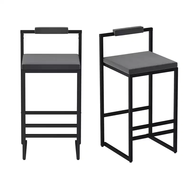Velvet Upholstered Bar Stools Counter Height With Footrest Backrest Modern Dining Chairs Black Gray