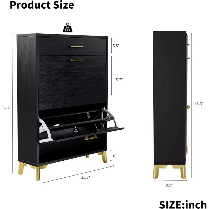 Shoe Cabinet, Slim 2 Flip Drawer MDF Shoe Organizer with Top Drawer, Anti-Tip, Space-Saving Storage