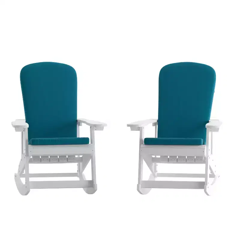 Emma and Oliver Set of 2 All-Weather Poly Resin Adirondack Rocking Chairs with Cushions
