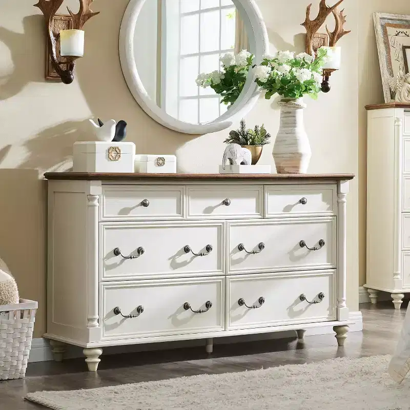 BALHAM TRADE-Farmhouse 7 Drawers Dresser Chests 4 Solid Wood Feet for Bedroom, Living Room