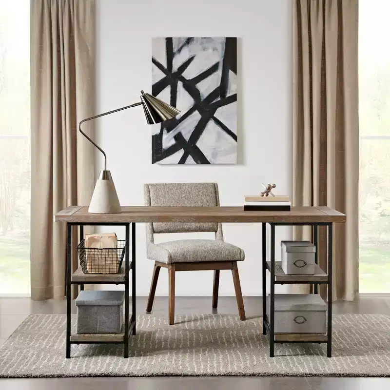 Wells Desk Gray: Madison Park Oakham Industrial Style with Side Shelving &; Large Workspace