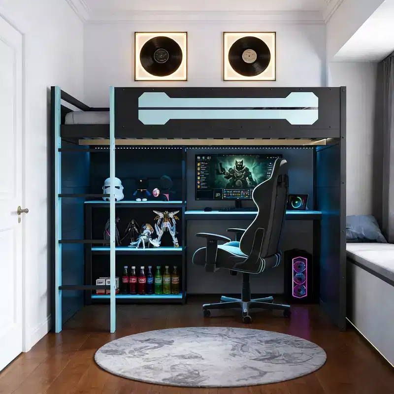 Full Size Gaming Loft Bed with Storage Shelves, Desk and Light