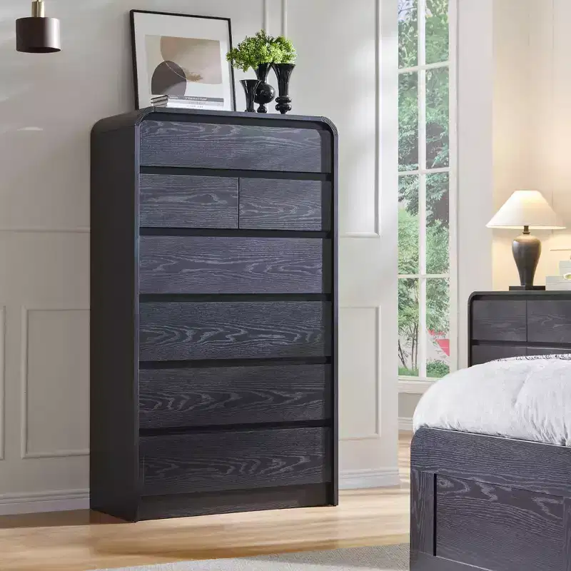 7 Drawers Dresser for Bedroom, Modern Dressers & Chests of Drawers with Curved Profile Design, Wooden Dresser for Living Room