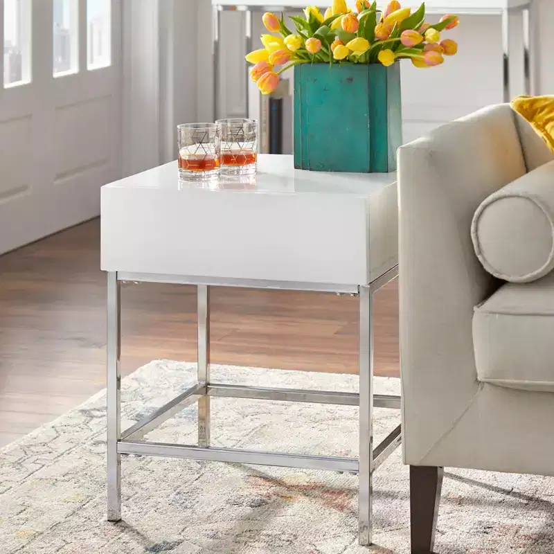 Buylateral Lewis Modern End Table White: High-Gloss MDF, Sturdy Metal Frame, 23.8" Height