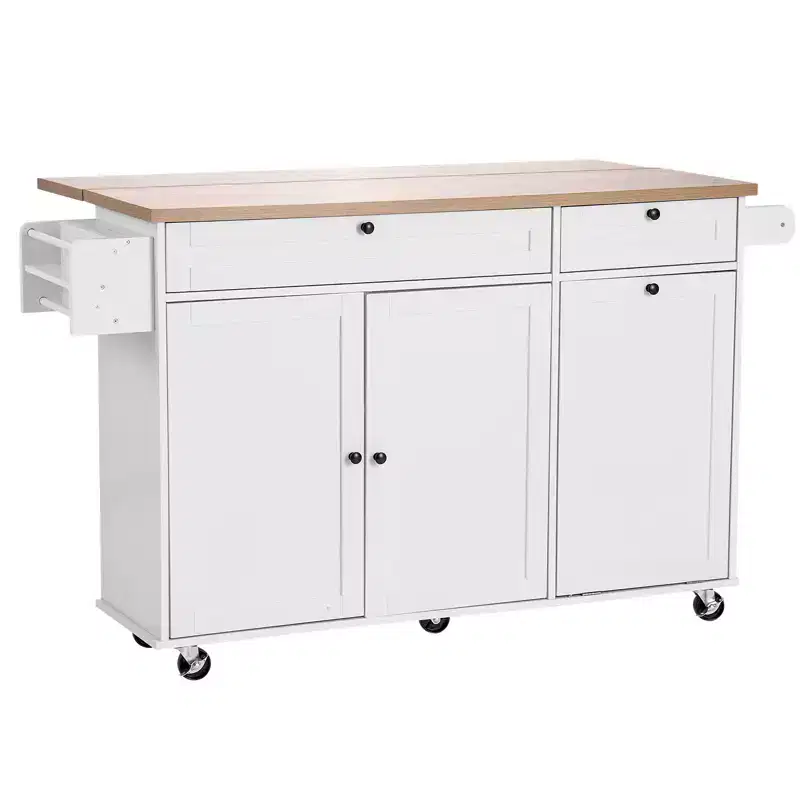 Kitchen Island Cart with Storage, 60in Wide Mobile Kitchen Cart with Wheels, Drop Leaf, 2 Drawers, Trash Can Cabinet, Knife Holder, White