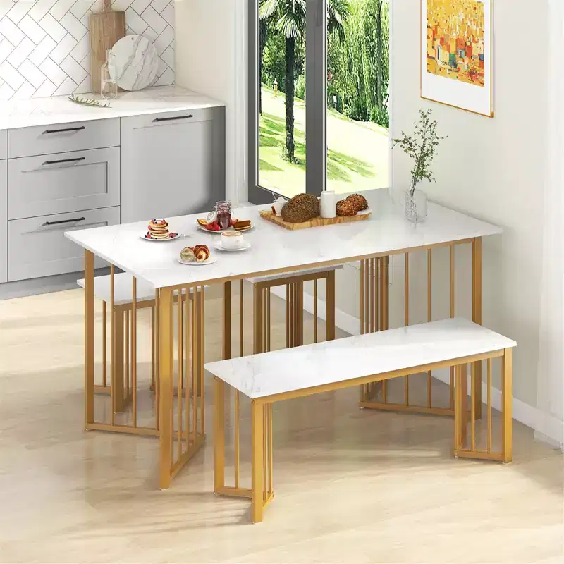 Costway 4PCS Dining Table Set Kitchen Table w/ Bench & 2 Stools Wing-shaped Metal Legs