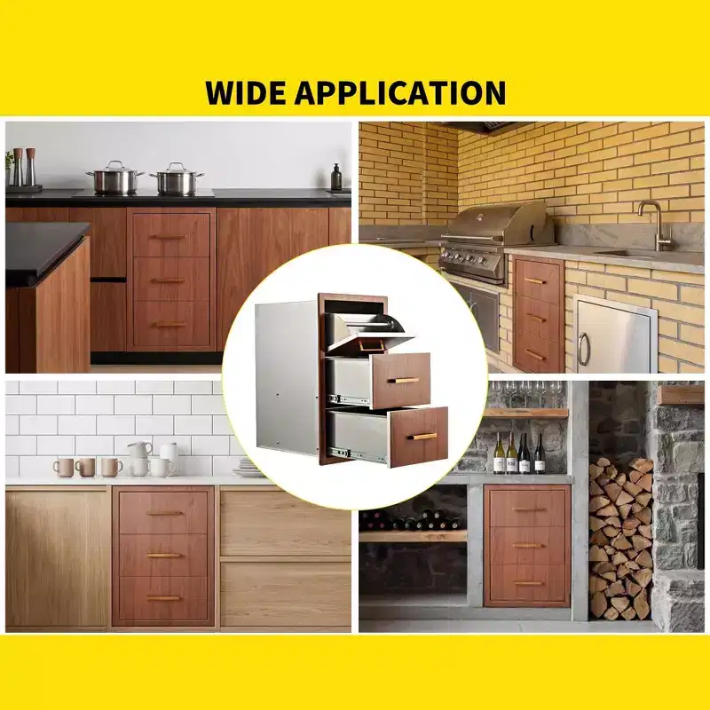 Outdoor Kitchen Drawers 17 W x 30 H x 21 D, Flush Mount Triple BBQ Drawers with Stainless Steel Handle, Paper Towel Holder Combo for BBQ Island