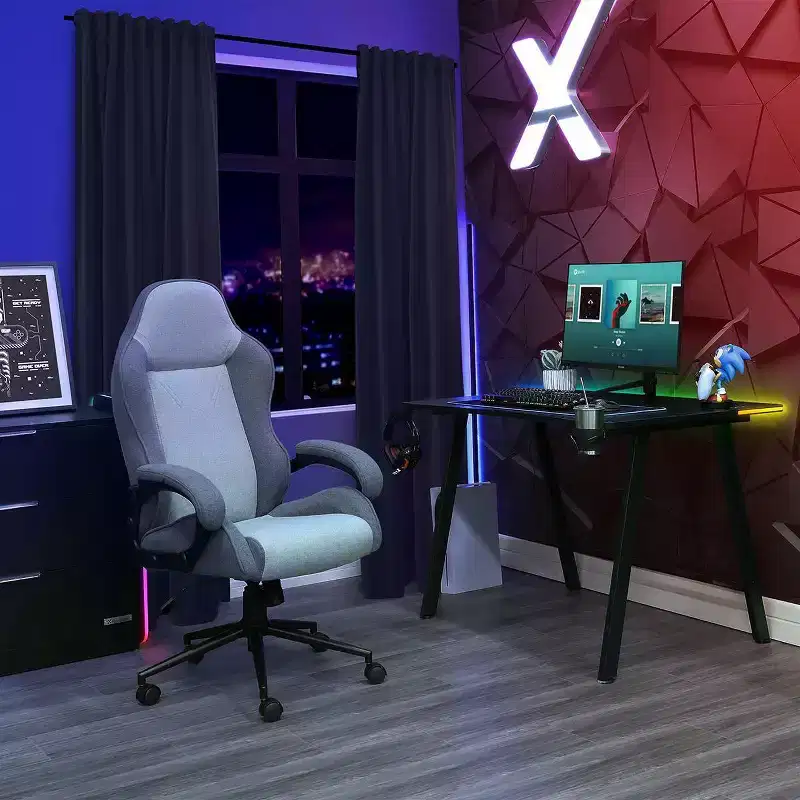 Swivel Gaming Chair Gray Upholstered Computer Desk Chair Adjustable Fixed Arms