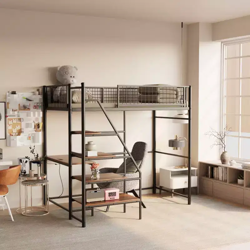 Metal Loft Bed with Desk, Built-in Charging Station and LED Lighting