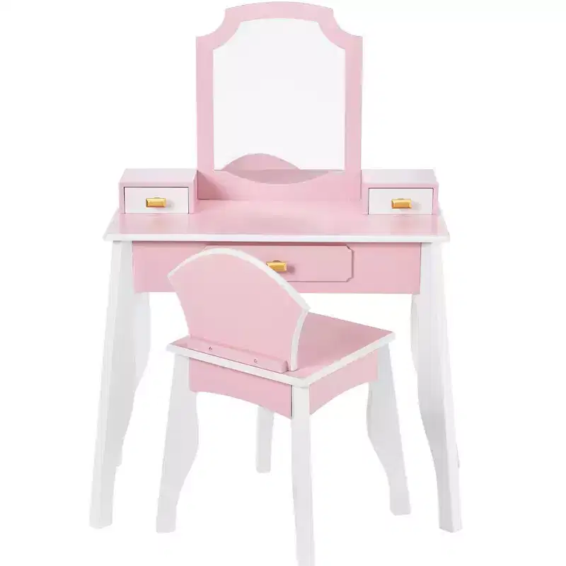 Best Choice Kids Wooden Pretend Play Vanity and Chair Set w/ Mirror  Little Girls Makeup Table with 3 Drawers