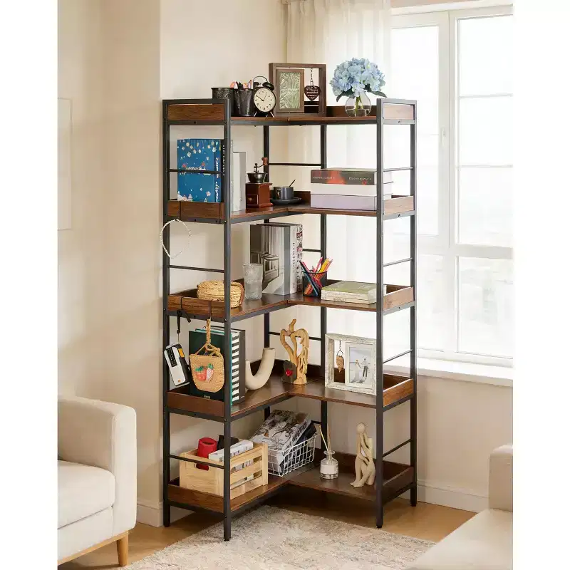 65 Tall Corner Bookshelf, 5-Tier Reversible Industrial Bookcase with 4 Hooks, Open Wooden Display Shelf with Metal Frame for Bedroom, Office