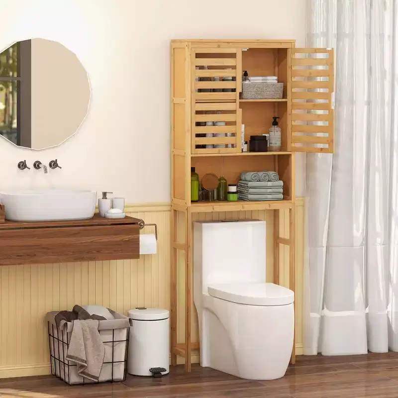 Over Toilet Bamboo Storage Cabinet – Tall Bathroom Shelf Organizer, Space Saver