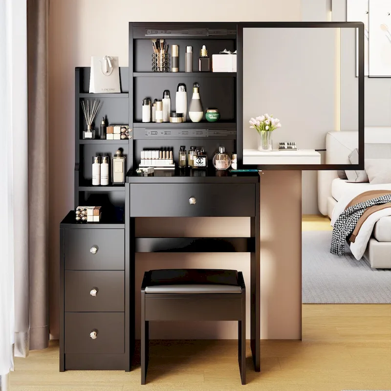 Makeup Vanity Desk Set with Sliding Mirror and Cushioned Stool