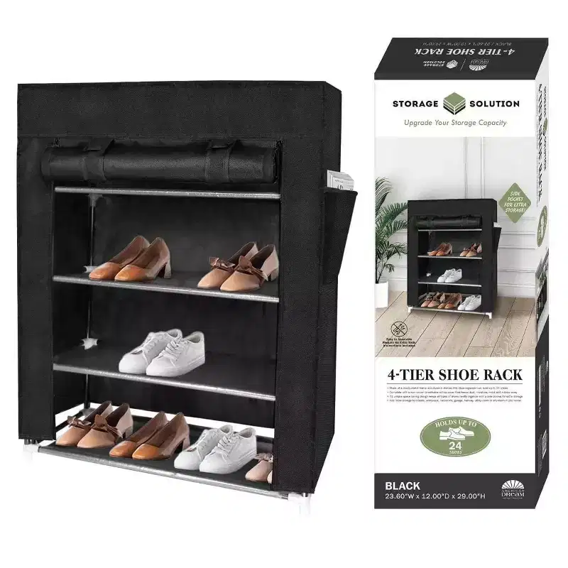 4 Tier Shoe Rack with Side Pocket Holds 24 Shoes Black
