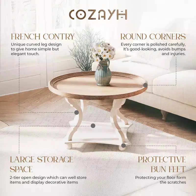 COZAYH Round Rustic Coffee Table Wood Tray Top Accent Centerpiece Storage, White