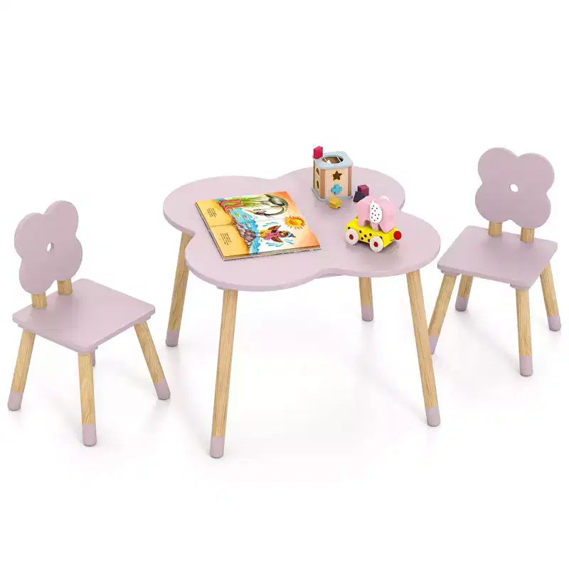 Costway Flower-shaped Kids Table Set with 2 Child-sized Chairs Solid Pine Wood Legs Pink/White
