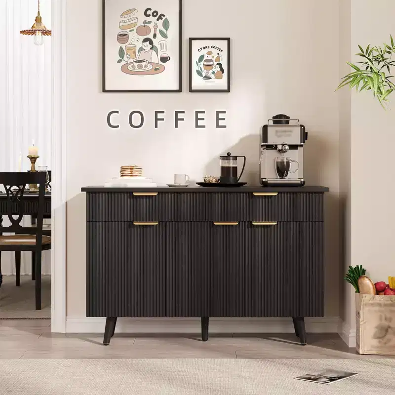 Black Fluted Sideboard Cabinet – 4-Door, 2-Drawer, 2-Shelf Storage for 1